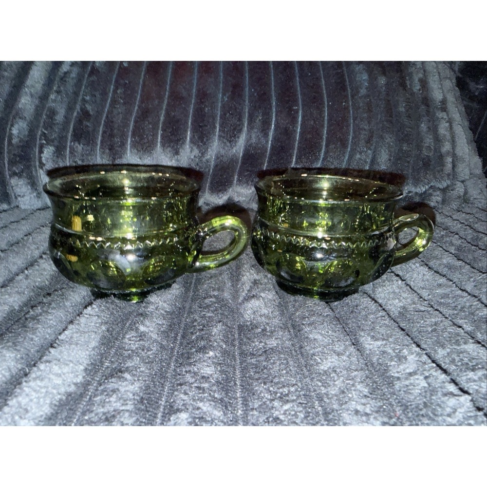 2 Mid Century Indiana Glass Avocado Green Thumb Print  Cups B1